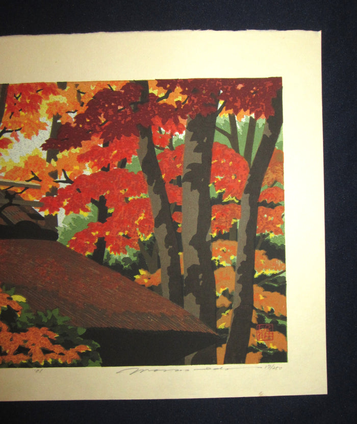 A Great Large Orig Japanese Woodblock Print Pencil Sign Limited# Masao Ido Kyoto Sentiment Red Maple Autumn
