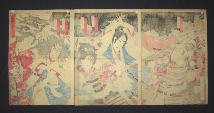 A Great Orig Japanese Woodblock Print Triptych Kunichika Kabuki Samurai Battle