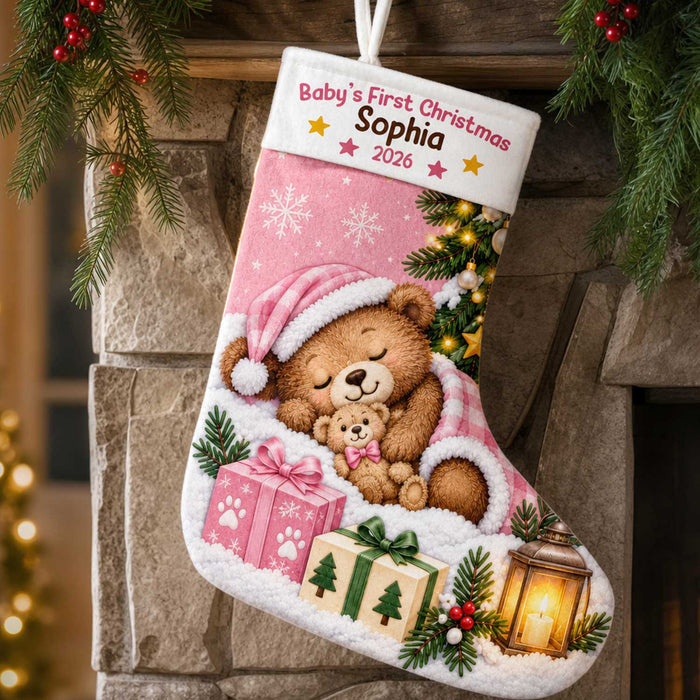 Baby's First Christmas Sleeping Bear - Personalized Stocking, Gift For New Baby