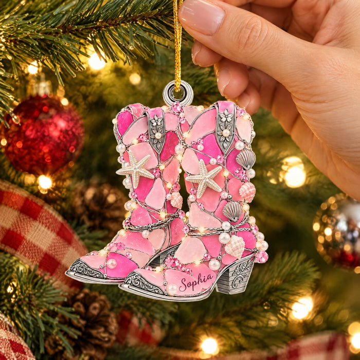 Cowboy Boot Sea Glass Christmas  - Personalized Acrylic Ornament, Gifts For Cowboys & Cowgirls