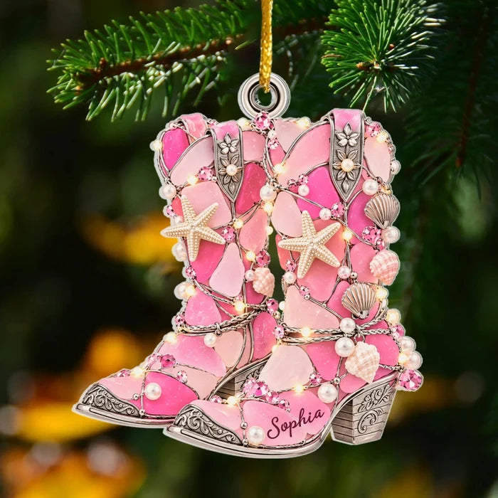 Cowboy Boot Sea Glass Christmas - Personalized Acrylic Ornament, Gifts For Cowboys & Cowgirls