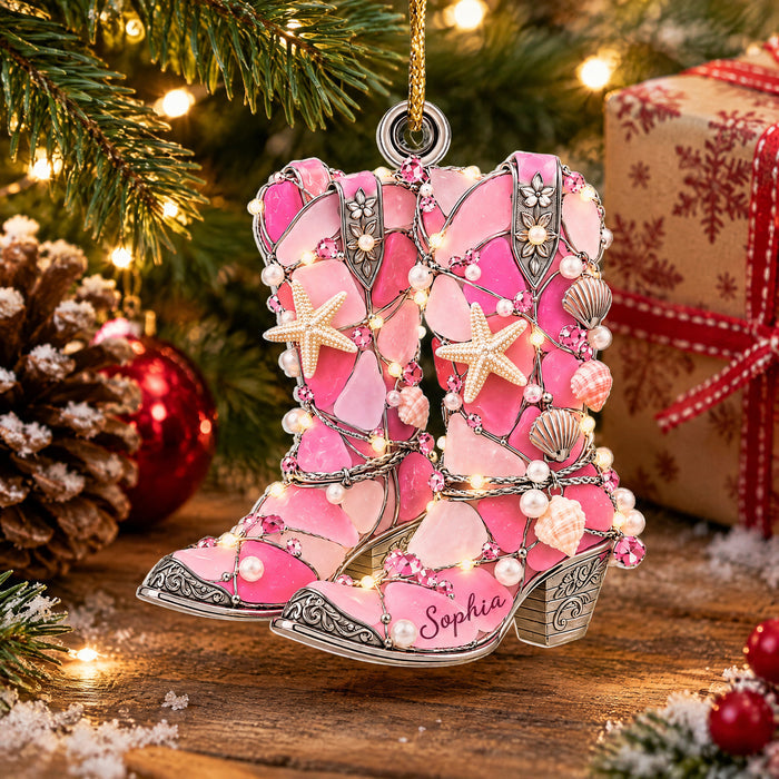 Cowboy Boot Sea Glass Christmas  - Personalized Acrylic Ornament, Gifts For Cowboys & Cowgirls