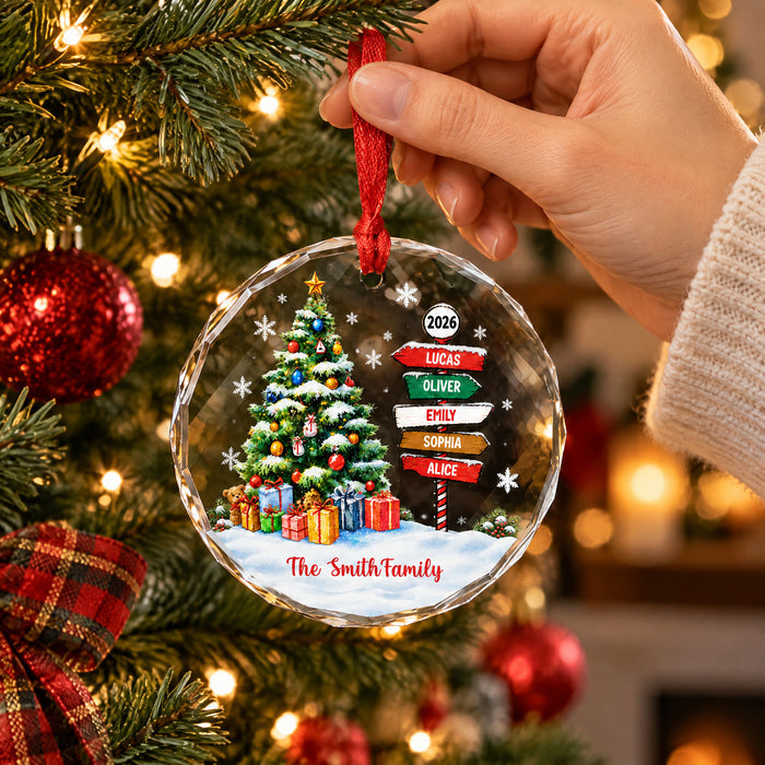 Family Name Signpost Christmas Eve - Personalized Glass Ornament, Family Christmas Gift