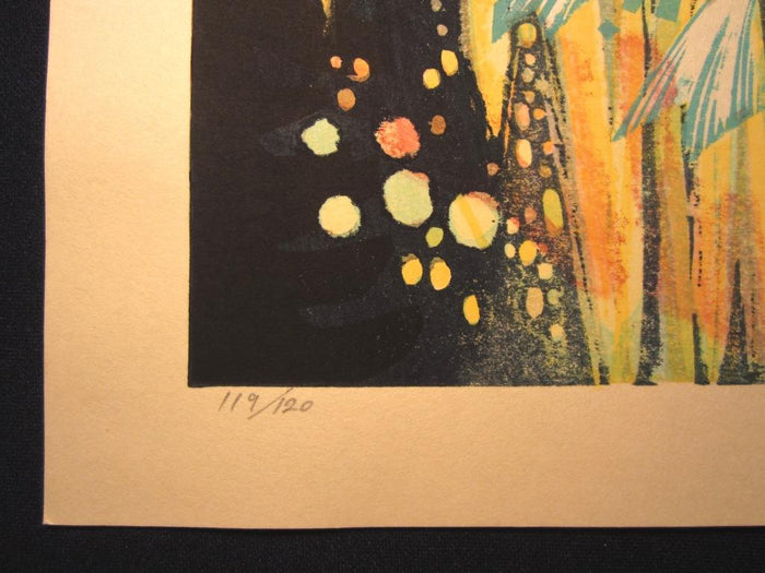 Huge Orig Japanese Woodblock Print Kitaoka Fumio PENCIL Sign Limit# Mikawa Firework at Okazaki Castle
