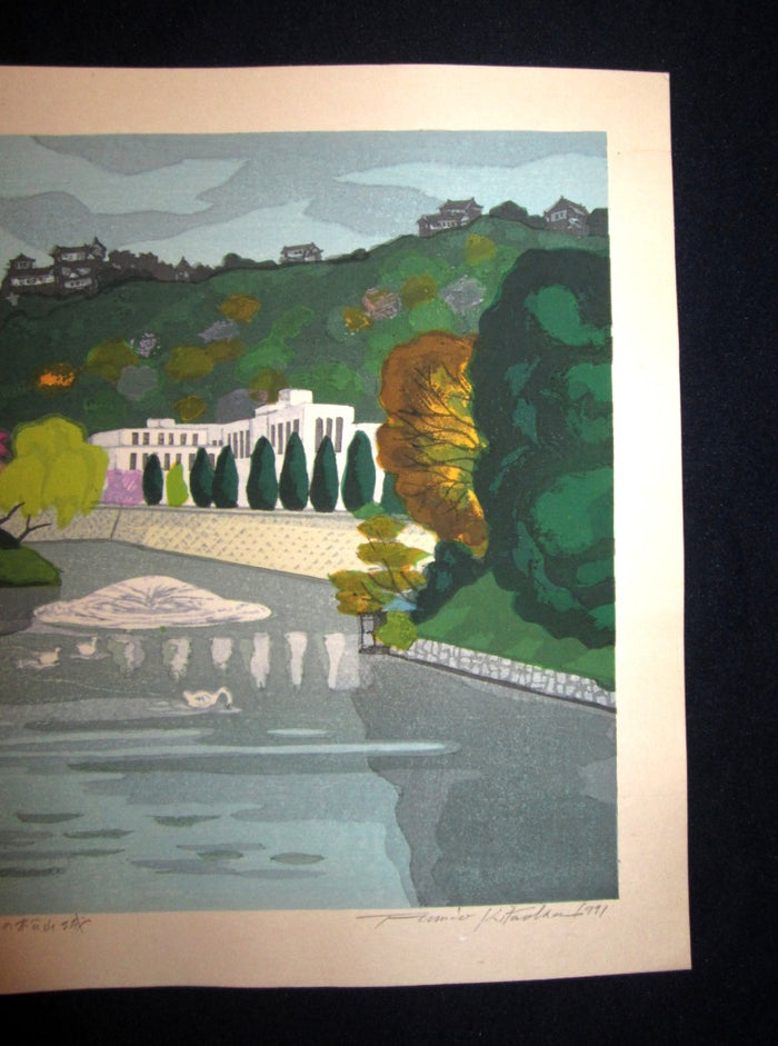 Large Orig Japanese Woodblock Print Kitaoka Fumio PENCIL Sign Limit# Early Autumn at Matsuyama Castle