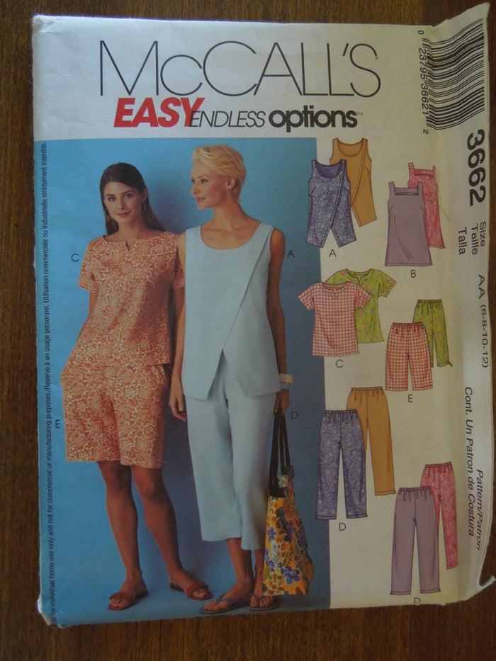 McCalls 3662, Misses Tops, Pants, Shorts, UNCUT sewing pattern
