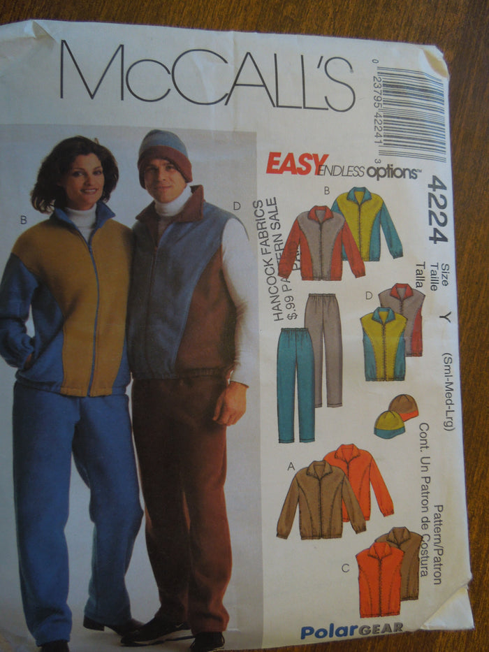 McCalls 4224, Mens, Misses, Pants, Vests, Jackets, Hats, UNCUT sewing pattern