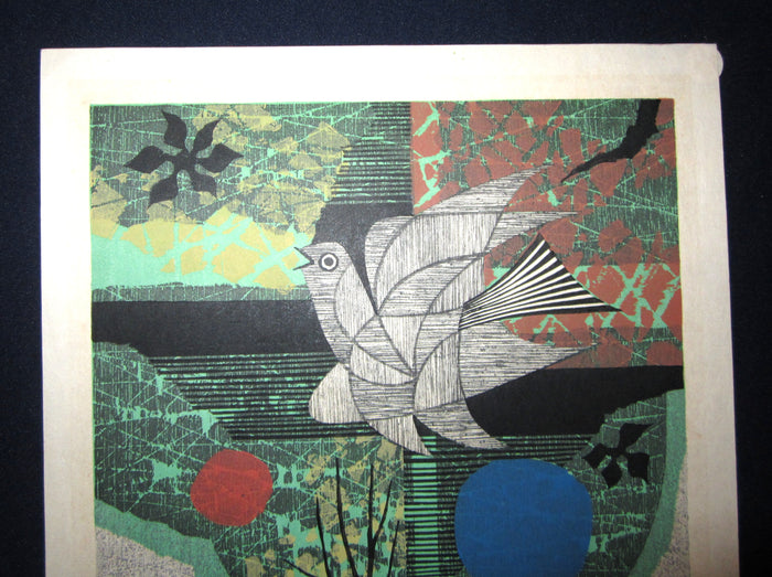 Orig Japanese Woodblock Print Fujita Fumio Pencil-Sign Limit# Flower Bird 1977