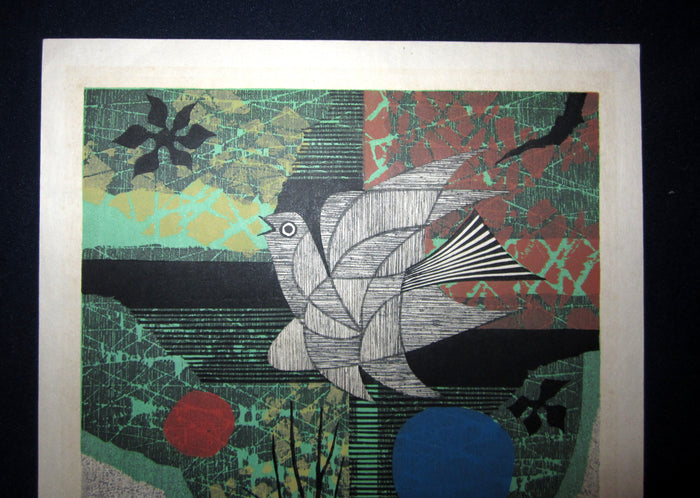 Orig Japanese Woodblock Print Fujita Fumio Pencil-Sign Limit# Flower Bird 1977