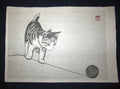 This is an Extra LARGE, very beautiful and rare LIMITED NUMBER (81/100) ORIGINAL Japanese woodblock print masterpiece “Little Cutie Cat Playing with Knitting Yarn” PENCIL SIGNED by the famous Showa Sosaku Hanga woodblock print master Aoyama Masaharu (Seiji) (1893-1969), made in the Showa Era IN EXCELLENT CONDITION.