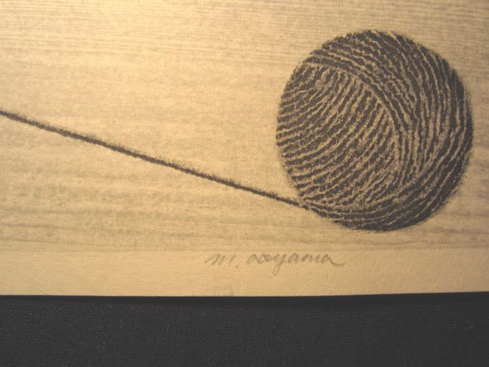 Orig Japanese woodblock print LIMITED# PENCIL SIGN Aoyama Little Cutie Cat Playing with Knitting Yarn