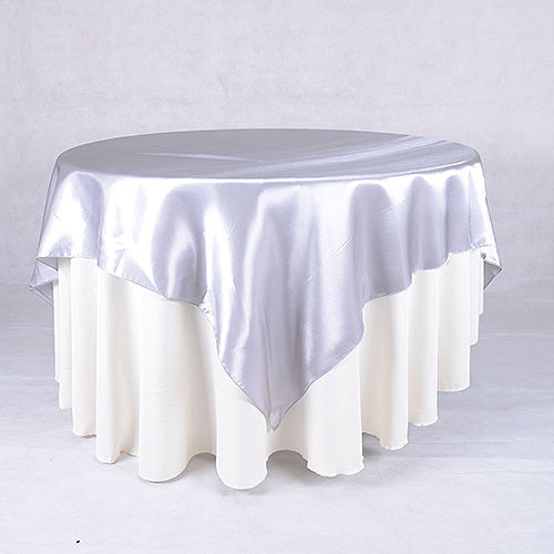 Silver - 90 x 90 Inch Satin Square Table Overlays FuzzyFabric - Wholesale Ribbons, Tulle Fabric, Wreath Deco Mesh Supplies