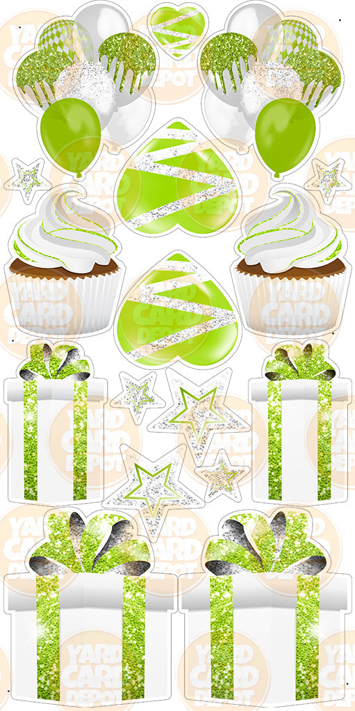 Symmetrical Flair Set - Glitter White / Lime Green